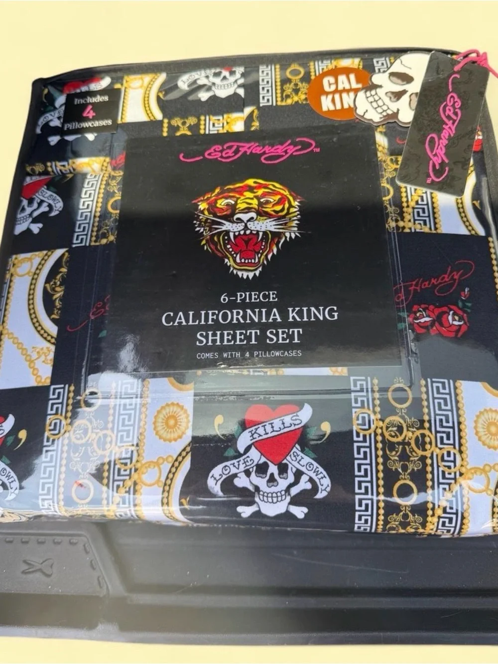 Ed Hardy Black, Gold & Red Love Kills Softly California King 6-Piece Sheet Set